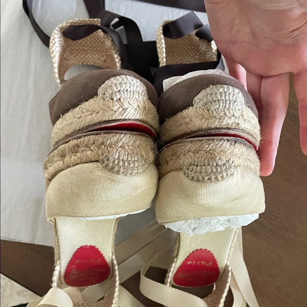 2 pair Christian Louboutin Brown Espadrille Flats with Ankle Ties